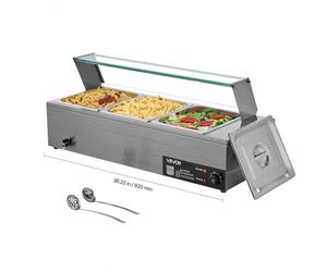 VEVOR Scaldavivande Commerciale Buffet 3 Contenitori da Dimensioni 1/2, Contenitore Scaldavivande Elettrico in Acciaio Inox da 1,5 kW con Coperchio in Vetro e Mestolo per Zuppa, per Catering, Feste
