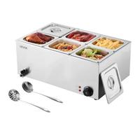 VEVOR Scaldavivande Commerciale da Banco Scaldavivande Elettrico a Vapore con 6 Contenitori (Dimensione 1/6) 1200 W in Acciaio Inox Temperatura tra 30 e 80 °C per Catering, Buffet Feste