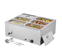 VEVOR Scaldavivande Commerciale, Scaldavivande Elettrico in Acciaio Inox da 1500 W con Coperchio, Bagnomaria da Banco a 6 Teglie con Riscaldamento Rapido e Mestoli Forati, per Ristoranti, Feste
