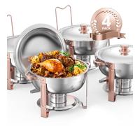 VEVOR Scaldavivande per Buffet con 4 Padelle Full Size Dispenser di Calore Rotondo per Catering con Coperchio, Porta Carburante e Vaschetta per l'Acqua per Matrimoni, Feste, Oro Rosa 4,7 L