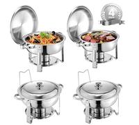 VEVOR Scaldavivande per Buffet con 4 Padelle Full Size Dispenser di Calore Rotondo per Catering con Coperchio, Porta Carburante e Vaschetta per l'Acqua per Matrimoni, Feste, Argento 4,7 L