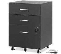 VEVOR Schedario, Schedario in Legno a 3 Cassetti, Armadietto da Ufficio con Chiusura per Formato Lettera/A4, Schedario con 5 Ruote per Ufficio Domestico, Nero
