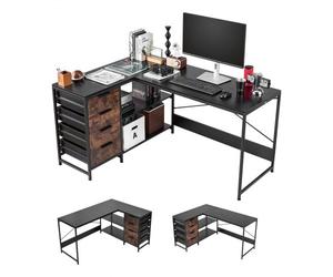 VEVOR Scrivania per Computer a Forma di L Angolare, Scrivania da Gioco ad Angolo Reversibile Lunghezza 150 cm con 4 Cassetti in Legno 2 Ripiani Portaoggetti, Tavolo per Gaming per Ufficio Casa