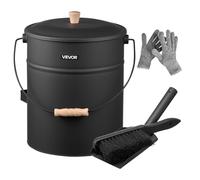 VEVOR Secchio per Cenere per Camino, 4 Pezzi con Coperchio, Pala, Scopa e Guanti, Secchio per Carbone e Contenitore per Cenere in Metallo per Caminetti, Capacità 15 L per Caminetti, Bracieri