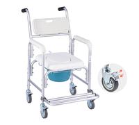VEVOR Sedia Comoda da Comodino, Capacità 159 kg, WC Sedile Rialzato con Seduta Poggiapiedi Ribaltabile e Schienale Imbottiti, Secchio Staccabile 5 L, Sedia a Rotelle da Doccia per Anziani