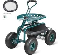 VEVOR Sedile da Giardino a Rotelle Sgabello da Giardinaggio Girevole a 360° Ruote Gonfiabili Diametro 25,4cm con Sedile 760x450x960mm Manico Allungabile Vassoio Porta Attrezzi per Cortile Colore Verde