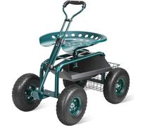 VEVOR Sedile da Giardino a Rotelle Sgabello da Giardinaggio Girevole a 360° Ruote Gonfiabili Diametro 25,4cm con Sedile 760x450x960mm Manico Allungabile Vassoio Porta Attrezzi per Cortile Colore Verde
