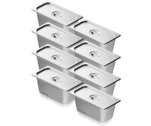 VEVOR Set Contenitore per Alimenti in Acciaio Inox Vassoio 328 x 178 x 148 mm, Set di Bacinelle per Alimenti Spessore 0,8mm Confezione 8 Pezzi con Coperchio per Cucina Ristorazione Hospitality