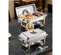 VEVOR Set da Buffet per Scaldavivande 4 L Scaldavivande Rettangolare in Acciaio Inox, Confezione 2, con 4 Padelle Dimezzate, Coperchio in Vetro, Supporto Pieghevole per Teglia per Acqua e Carburante