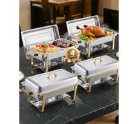 VEVOR Set da Buffet per Scaldavivande 7,5 L Scaldavivande Rettangolare in Acciaio Inox, 4 Pezzi, con 2 Teglie Grandi e 4 Mezze Teglie, con Coperchio e Supporto per Teglia per Acqua, per Feste, Oro