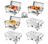 VEVOR Set da Buffet per Scaldavivande 7,5 L Scaldavivande Rettangolare in Acciaio Inox, 6 Pezzi, con 6 Padelle di Dimensioni Standard, Coperchio Supporto per Padella per Acqua e Carburante, Argento