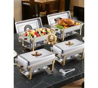 VEVOR Set da Buffet per Scaldavivande 7,5 L Scaldavivande Rettangolare in Acciaio Inox con 4 Padelle di Dimensioni Standard, Coperchio in Vetro, Supporto Pieghevole per Padella per Acqua e Carburante