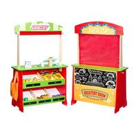 VEVOR Set da Gioco per Bambini in Legno con Tende, Negozio di Giocattoli Reversibile, Negozio di Alimentari Bifacciale con Lavagna e Registratore di Cassa, Bancarella del Mercato per Bambini