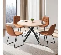 VEVOR Set da Pranzo da 5 Pezzi, Tavolo da Cucina Rotondo Salvaspazio con 4 Sedie Arancioni Imbottite, Cuscini in Pelle PU, Scrivania Moderna Colore Legno con Piedini Regolabili per Sala da Pranzo