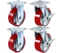 VEVOR Set di 4 ruote 15 cm 2 rigide e 2 girevoli con freni laterali, piastra in ferro, poliuretano, portata 450 kg per ruota per officine, garage, magazzini