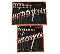 VEVOR Set di Chiavi Combinate a Cricchetto 44 Pezzi, Set di Chiavi a Cricchetto con Misure Metriche e SAE, Profilo a 12 Punti e Bocca Angolata a 15° con Custodia Arrotolabile, Finitura Argento Lucido