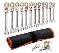 VEVOR Set di Chiavi Combinate a Cricchetto Flessibile 12 Pezzi, Set di Chiavi a Cricchetto con Testa Snodata, Metriche da 8 mm a 19 mm, 72 Denti, in Acciaio al Cromo Vanadio, Custodia Arrotolabile