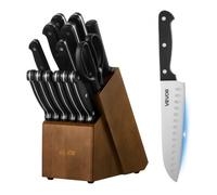 VEVOR Set di Coltelli da Cucina con Ceppo Portacoltelli Legno di Gomma e Acciaino da 15 Pezzi in Acciaio Inossidabile ad Alto Tenore di Carbonio, Coltello da Cucina con Impugnatura Ergonomica in ABS