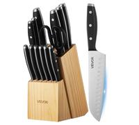 VEVOR Set di Coltelli da Cucina con Ceppo Portacoltelli Legno di Pino e Acciaino da 15 Pezzi in Acciaio Inossidabile ad Alto Tenore di Carbonio, Coltello da Cucina con Impugnatura Ergonomica in ABS