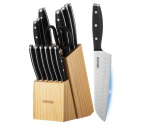 VEVOR Set di Coltelli da Cucina con Ceppo Portacoltelli Legno di Pino e Acciaino da 15 Pezzi in Acciaio Inossidabile ad Alto Tenore di Carbonio, Coltello da Cucina con Impugnatura Ergonomica in ABS