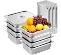VEVOR Set di Contenitore per Alimenti in Acciaio Inox con Coperchio 326 x 266 x 102 mm, Vassoio per Alimenti in Acciaio Inox Dimensioni GN1/2 Spessore 0,8 mm per Ristorazione, per Uso Commerciale