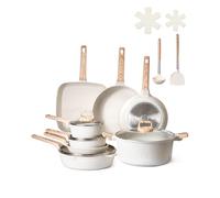 VEVOR Set di Pentole, Padelle Antiaderenti in Granito con Manico, Set di Pentole a Induzione da Cucina per Camper, con Frittura, Coperchi in Vetro Temperato, Bianco 19 Pezzi