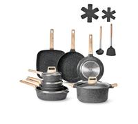 VEVOR Set di Pentole, Padelle Antiaderenti in Granito con Manico, Set di Pentole a Induzione da Cucina per Camper, con Frittura, Coperchi in Vetro Temperato, Nero 19 Pezzi
