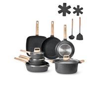 VEVOR Set di Pentole, Padelle Antiaderenti in Granito con Manico, Set di Pentole a Induzione da Cucina per Camper, con Frittura, Coperchi in Vetro Temperato, Nero 19 Pezzi