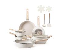 VEVOR Set di Pentole, Padelle Antiaderenti in Granito con Manico, Set di Pentole a Induzione da Cucina per Camper, con Frittura, Coperchi in Vetro Temperato, Bianco, 17 Pezzi