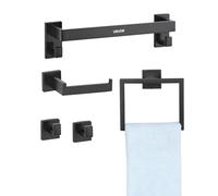 VEVOR Set di Portasciugamani da Bagno 5 pezzi con Barra Portasciugamani Lunghezza 400mm Anello Quadrato 2 Ganci Porta Carta Igienica, per Bagno, Montaggio a Parete, Nero opaco
