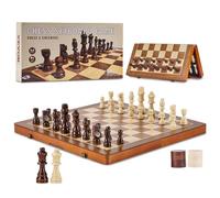 VEVOR Set di Scacchi Magnetici in Legno 380 x 380 x 25 mm Set da Gioco di Dama 2 in 1, Giochi da Scacchiera Pieghevoli per Adulti Bambini, Set di Scacchi Regalo da Viaggio Portatile con 2 Regine