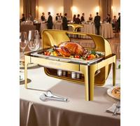 VEVOR Set di Scaldavivande 8,5 L Scaldavivande Rettangolare in Acciaio Inox con Padella di Dimensioni Standard, Coperchio Visibile, Padella per l'Acqua, Supporto per Carburante, Clip per Pasti, Oro