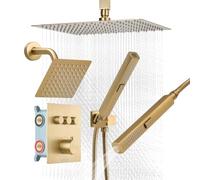 VEVOR Set Doccia con Sistema Doccia a Pioggia da 304 mm, Soffione a Parete da 152 mm, Doccetta, Soffione a Pioggia Doppio Girevole, 3 Funzioni, Valvola in Ottone, Termostatico Oro Spazzolato