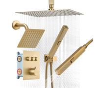 VEVOR Set Doccia con Sistema Doccia a Pioggia da 304 mm, Soffione a Parete da 152 mm, Doccetta, Soffione a Pioggia Doppio Girevole, 3 Funzioni, Valvola in Ottone, Termostatico Oro Spazzolato