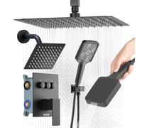 VEVOR Set Doccia con Sistema Doccia a Pioggia da 304 mm, Soffione a Parete, Doccetta, Soffione a Pioggia Doppio Girevole, 3 Funzioni, Kit di Finitura e Valvola in Ottone, Nero Opaco