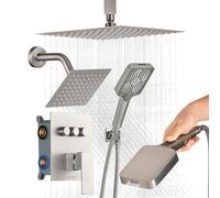 VEVOR Set Doccia con Sistema Doccia a Pioggia, da 304 mm, Soffione a Parete, Doccetta, Soffione a Pioggia Doppio Girevole, 3 Funzioni, Kit di Finitura e Valvola in Ottone, Nichel Spazzolato