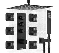 VEVOR Set Doccia con Sistema Doccia a Pioggia, in Acciaio Inox da 406 mm, 6 Getti Laterali, Doccetta, Soffione a Pioggia Girevole, 3 Funzioni, Valvola in Ottone e Kit di Finitura, Nero Opaco