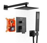 VEVOR Set Doccia, Flessibile Sistema Doccia a Pioggia per Bagno con Soffione Quadrato da 20,3 cm e Doccetta, Accessori per Vasca da Parete con Valvola in Ottone e Kit di Finitura, Nero Opaco