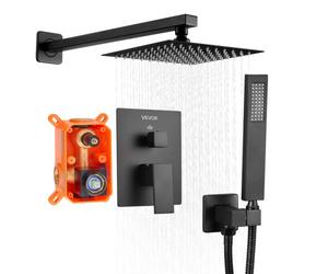 VEVOR Set Doccia, Flessibile Sistema Doccia a Pioggia per Bagno con Soffione Quadrato da 20,3 cm e Doccetta, Accessori per Vasca da Parete con Valvola in Ottone e Kit di Finitura, Nero Opaco