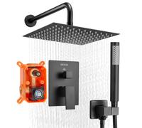 VEVOR Set Doccia, Flessibile Sistema Doccia a Pioggia per Bagno con Soffione Quadrato da 25,4 cm e Doccetta, Accessori per Vasca da Parete con Valvola in Ottone e Kit di Finitura, Nero Opaco
