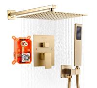 VEVOR Set Doccia, Sistema Doccia a Pioggia per Bagno con Soffione Quadrato da 25,4 cm e Doccetta, Accessori per Vasca da Parete con Valvola in Ottone e Kit di Finitura, Oro Spazzolato