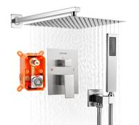 VEVOR Set Doccia, Sistema Doccia a Pioggia per Bagno con Soffione Quadrato da 25,4 cm e Doccetta, Accessori per Vasca da Parete con Valvola in Ottone e Kit di Finitura, Nichel Spazzolato