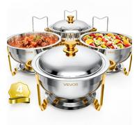 VEVOR Set Scaldavivande 4 pz per Alimenti Acciaio Inox 5,68L Vassoio Rotondo Contenitore per Buffet, Banchetti, Catering, Feste, Eventi, con 4 Vassoi, Supporto perr Combustibile, Coperchio Appendibile