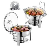 VEVOR Set Scaldavivande a Buffet 4,7 L in Acciaio Inox con 2 Padelle, Distributore Calore Rotondo con Coperchio in Vetro, Vaschetta per l'Acqua e Supporto, per Matrimoni, Feste a Buffet, Argento