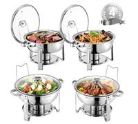 VEVOR Set Scaldavivande a Buffet 4,7 L in Acciaio Inox con 4 Padelle, Distributore Calore Rotondo con Coperchio in Vetro, Vaschetta per l'Acqua e Supporto, per Matrimoni, Feste a Buffet, Argento