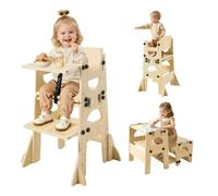 VEVOR Set Tavolo e Sedia Montessori per Svezzamento, Torre di Apprendimento Multifunzione Regolabile, con Lavagna e Schienale, in Legno, per Bagno e Piano Cucina Sviluppo Autonomia Bambini Piccoli