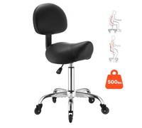 VEVOR Sgabello a Sella con Schienale per Salone, Sedile Ergonomico Portata Massima 226,8 kg, Altezza Regolabile, Ruote Silenziose, in Similpelle, Girevole a 360°, Colore Nero, per Centri Estetici
