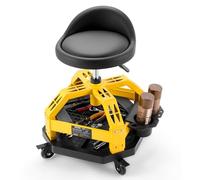 VEVOR Sgabello da Lavoro per Officina, Sgabello con Ruote Altezza Regolabile 62-77 cm Girevole, Vassoio Porta Attrezzi Sedile con Schienale, Sedia da Lavoro Meccanico Porta Utensili con Ruote, Giallo