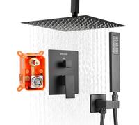 VEVOR Sistema Doccia a Pioggia per Bagno con Soffione Quadrato 254 mm e Doccetta, Set di Rubinetti da Doccia a Soffitto, con Valvola in Ottone e Kit di Finitura, Rubinetto Doccia, Nero Opaco