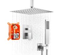 VEVOR Sistema Doccia a Pioggia per Bagno con Soffione Quadrato 305 mm e Doccetta, Set di Rubinetti da Doccia a Soffitto, con Valvola in Ottone e Kit di Finitura, Rubinetto Doccia, Nichel Spazzolato